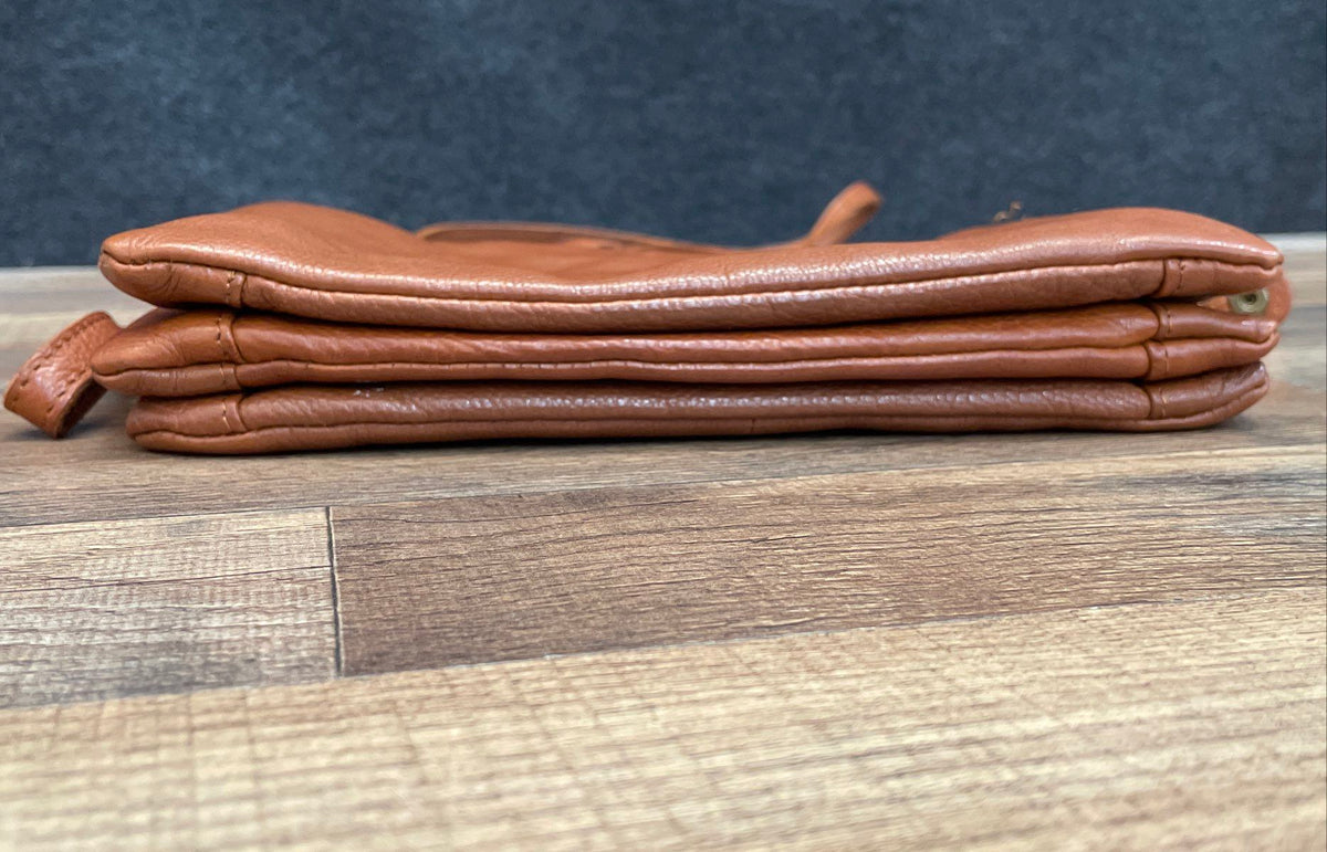Oak & Tan Brown Leather Triple Gusset Crossbody Bag Wristlet Purse Small