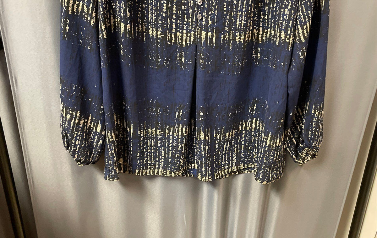 ZOA New York Women's Blue Abstract Print Button V-Neck Long Sleeve Blouse Sz M