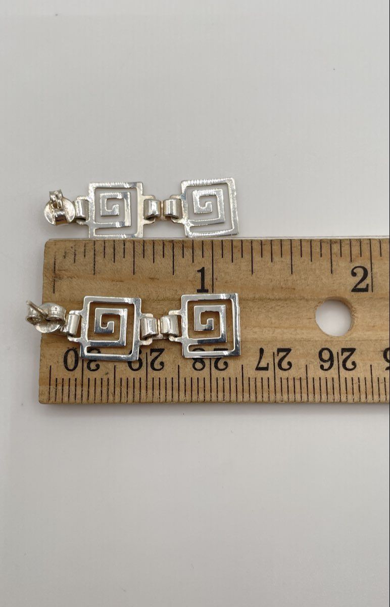 925 Sterling Silver Greek Key Meander Dangle Earrings 2.6g