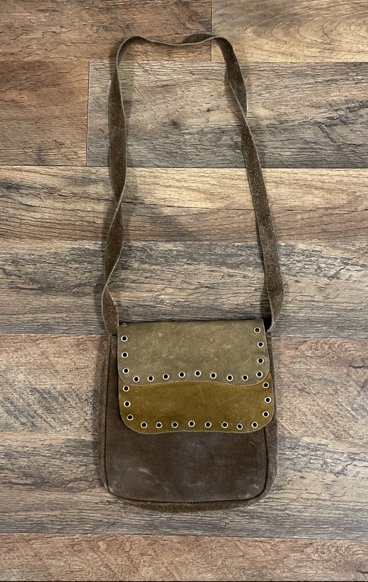 Vintage Brown Green Suede Leather Crossbody Bag Bohemian Eyelet Grommet Trim