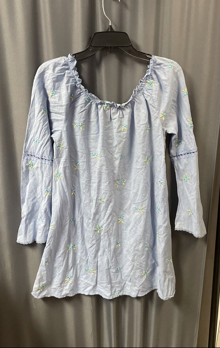 Vintage Y2K Victoria's Secret Women's Blue Embroidered Cotton Peasant Top Sz M