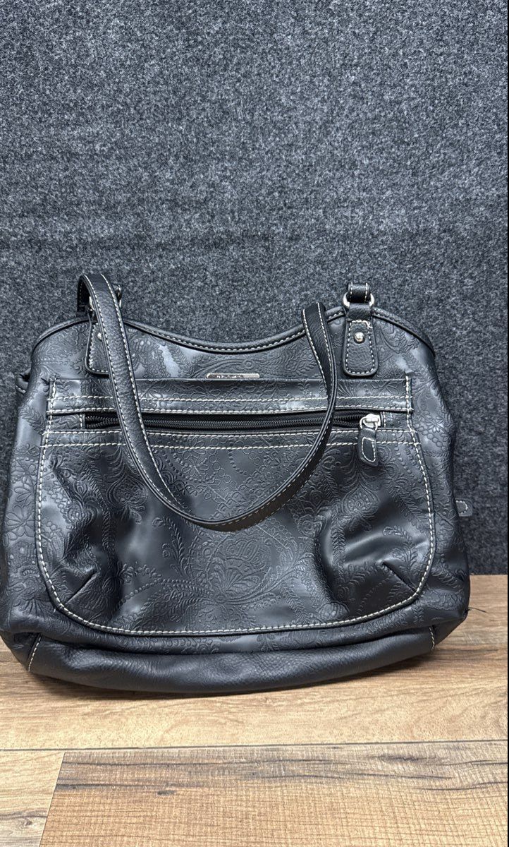 MultiSac Black Embossed Paisley Faux Leather Triple Compartment Shoulder Bag