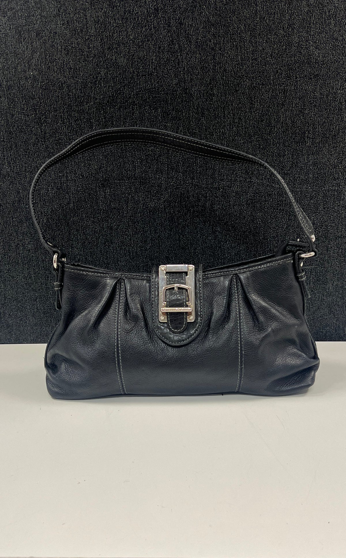 Etienne Aigner Black Leather Buckle Shoulder Bag Pleated East West Purse