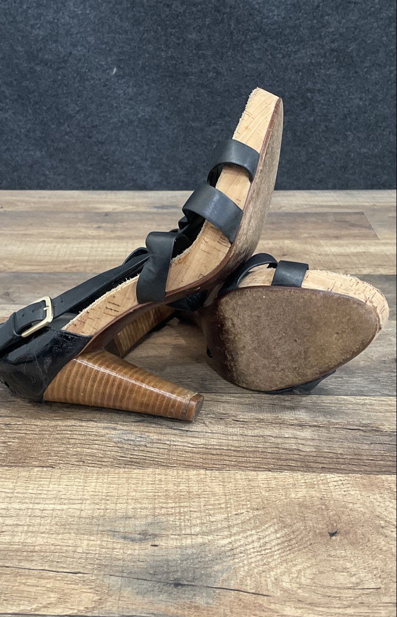 Cole Haan Black Leather Strappy Cork Platform Wood Block Heel Sandals Size 9.5B