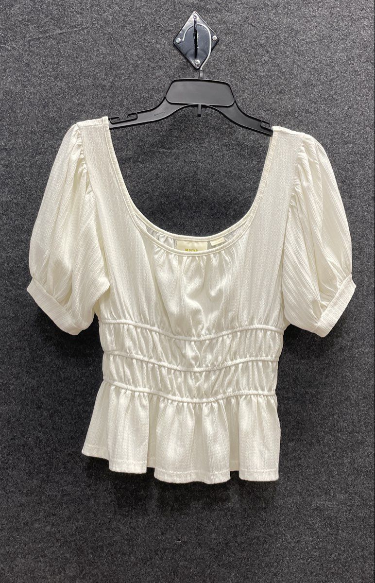 Maeve Anthropologie Women's White Smocked Peplum Puff Sleeve Textured Top Sz S