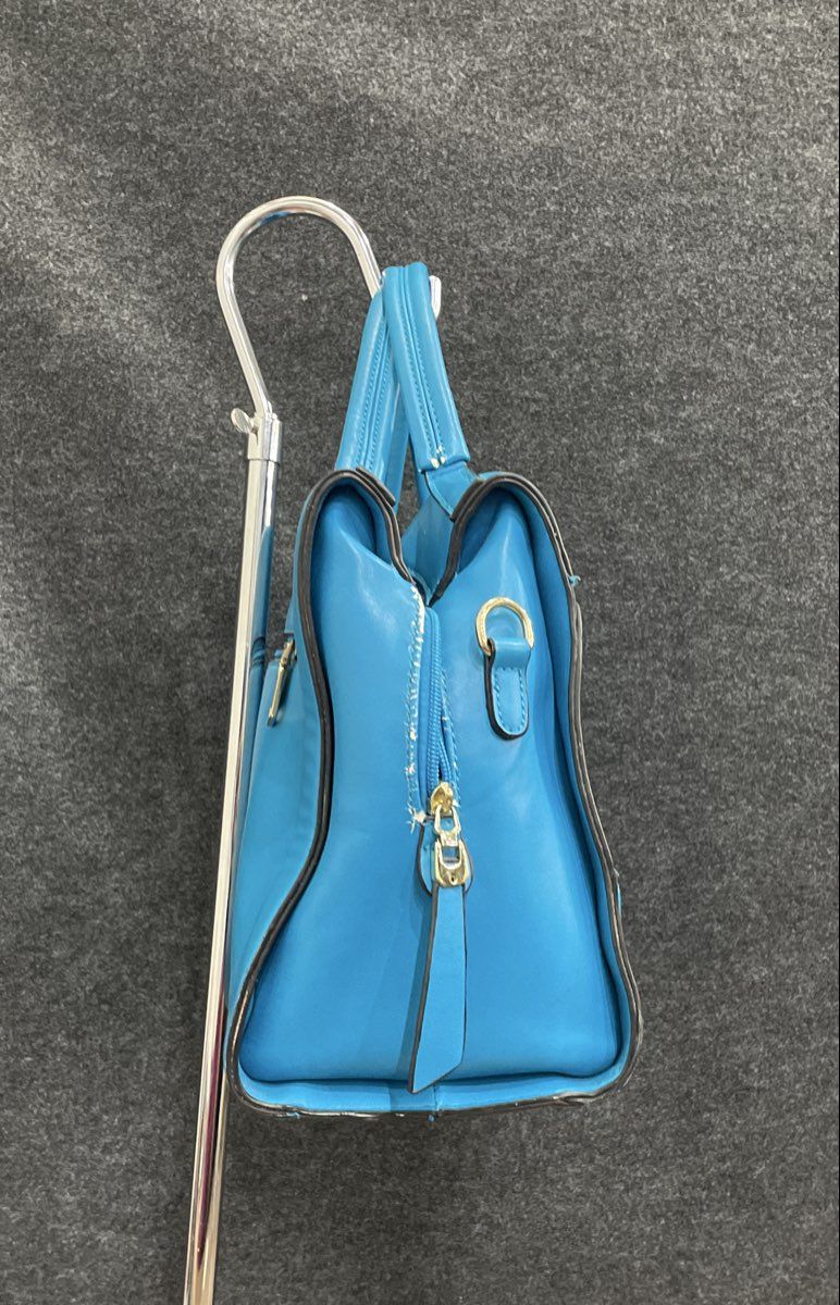Unbranded Blue Leather Satchel Tote Handbag Large Gold Hardware 19x14