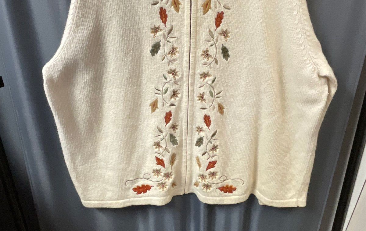 Croft & Barrow Women's Cream Embroidered Autumn Leaves Cardigan Sz 2X