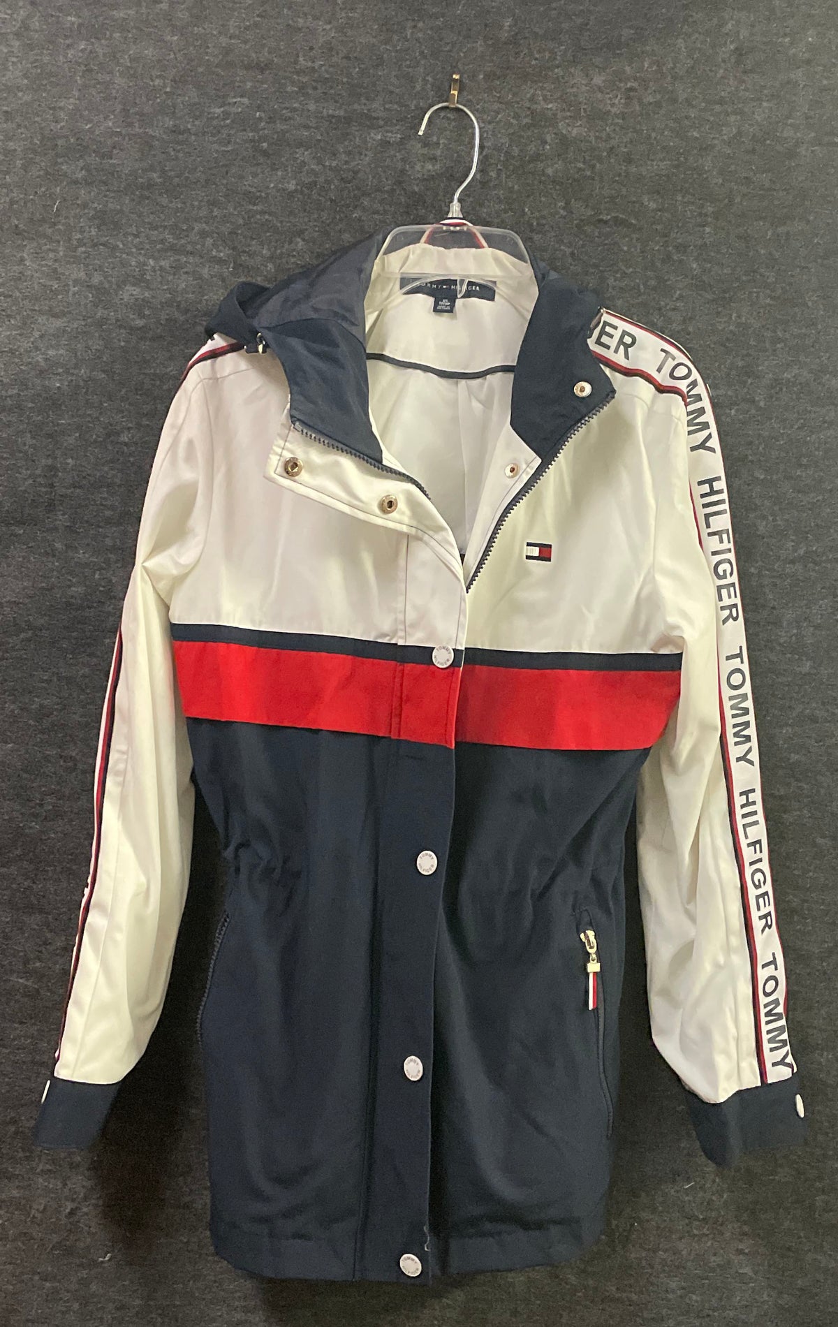 Tommy Hilfiger Women's Hooded Jacket Blue White Red Logo Sleeve Tape Sz XS