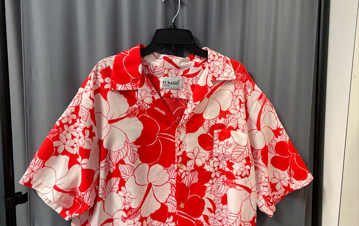 Vintage 90s Pomare Hawaii Men's Red Hibiscus Floral Aloha Shirt Sz L/XL