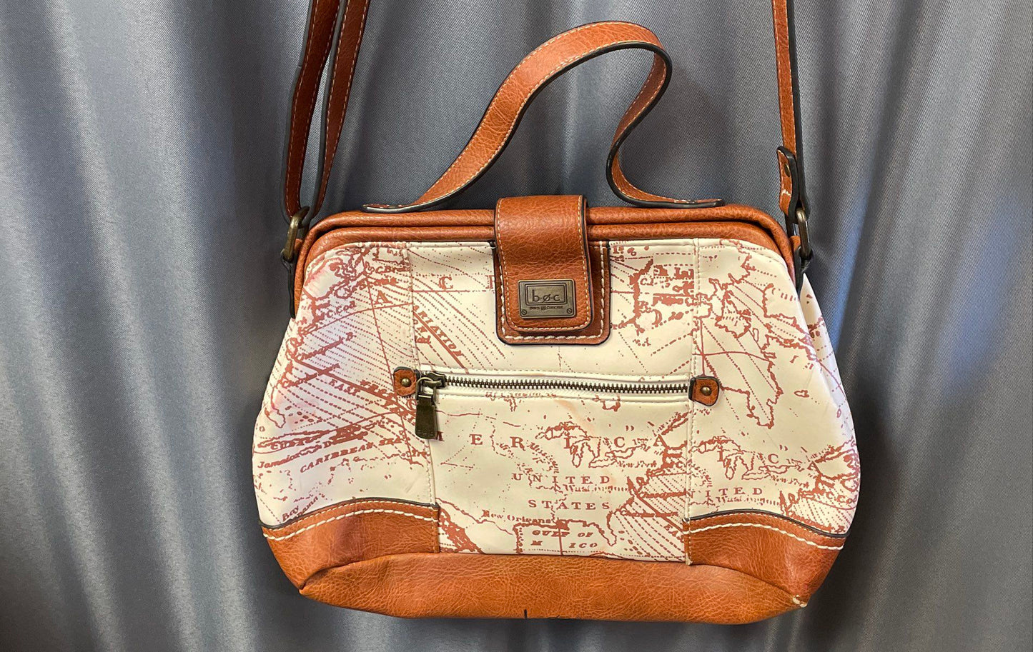 B.O.C. Born Concept Brown Off White Map Print Crossbody Satchel Bag Purse