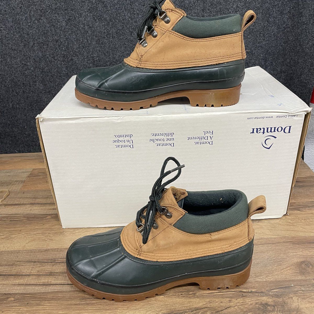 Lands' End Lace Up Duck Boots Tan Green Rubber Leather Ankle Boots Size 9