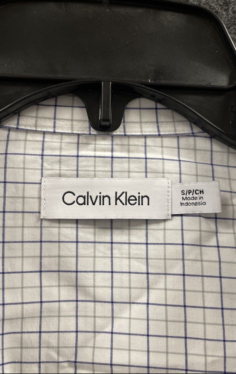Calvin Klein Men's White Blue Grid Check Long Sleeve Button Down Shirt Sz S
