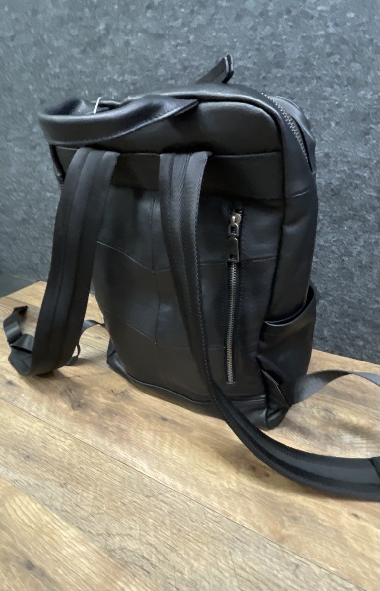 Black Leather Multi-Compartment Commuter Backpack Silver Hardware