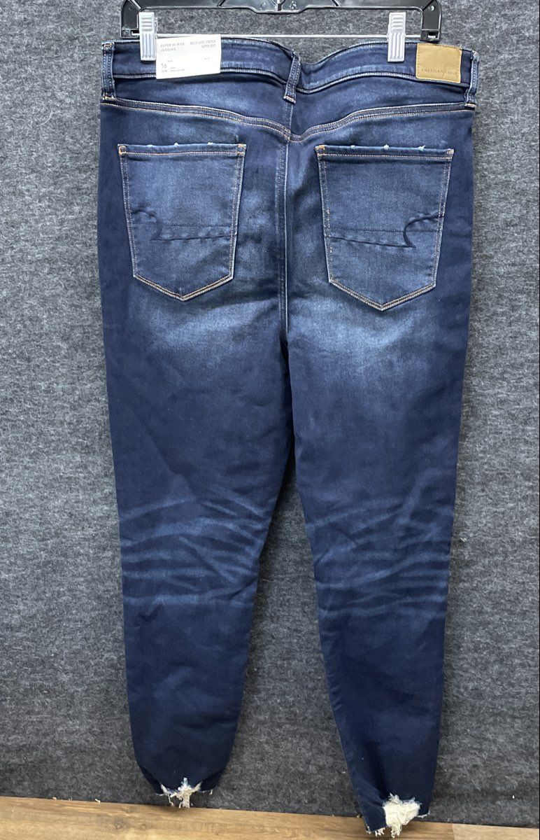 American Eagle Women's Super Hi-Rise Jegging Dark Blue Distressed NWT 16 Short