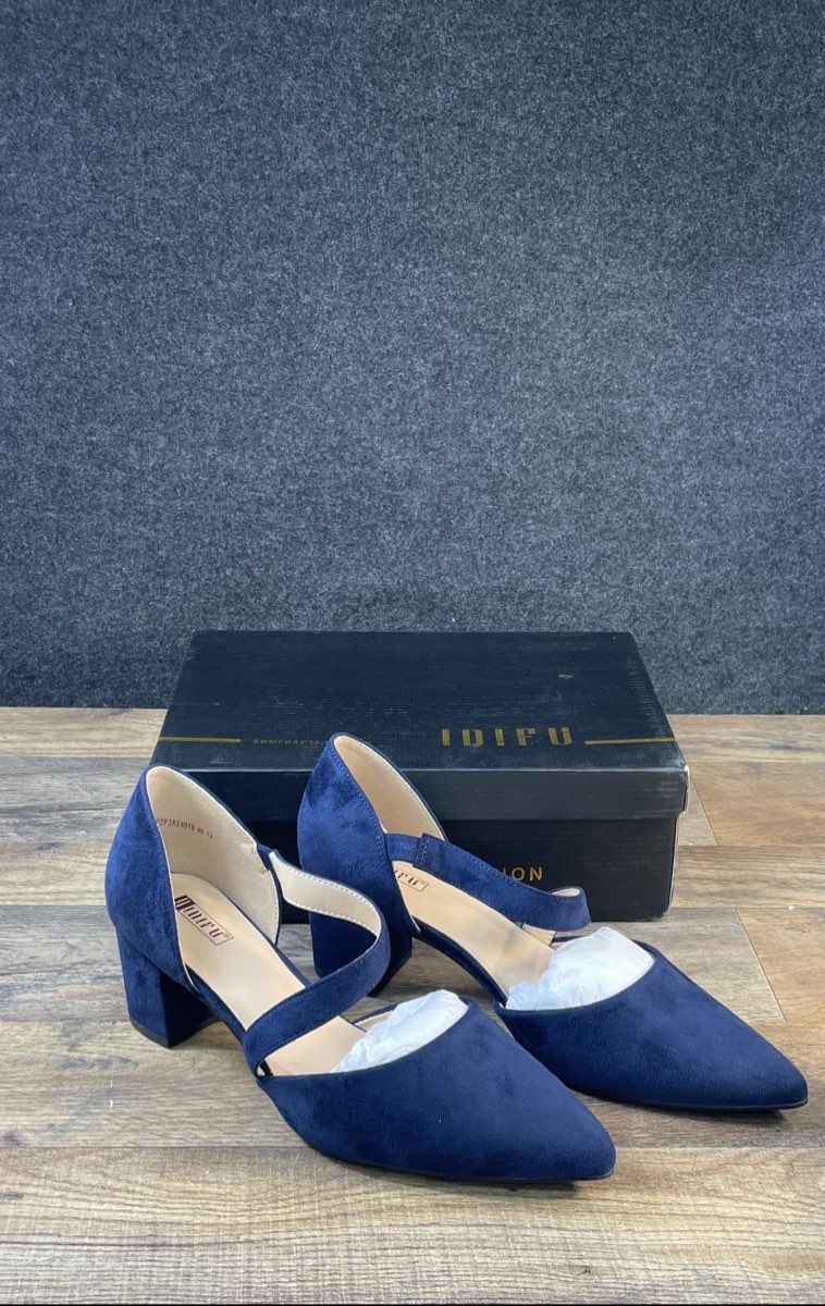 IDIFU Navy Blue Faux Suede Pointed Toe Block Heel Sandals Women's Size 12 DS
