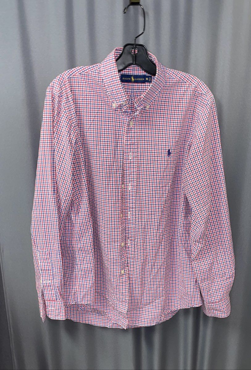 Ralph Lauren Men's Red Blue Gingham Plaid Cotton Button Down Shirt Size M