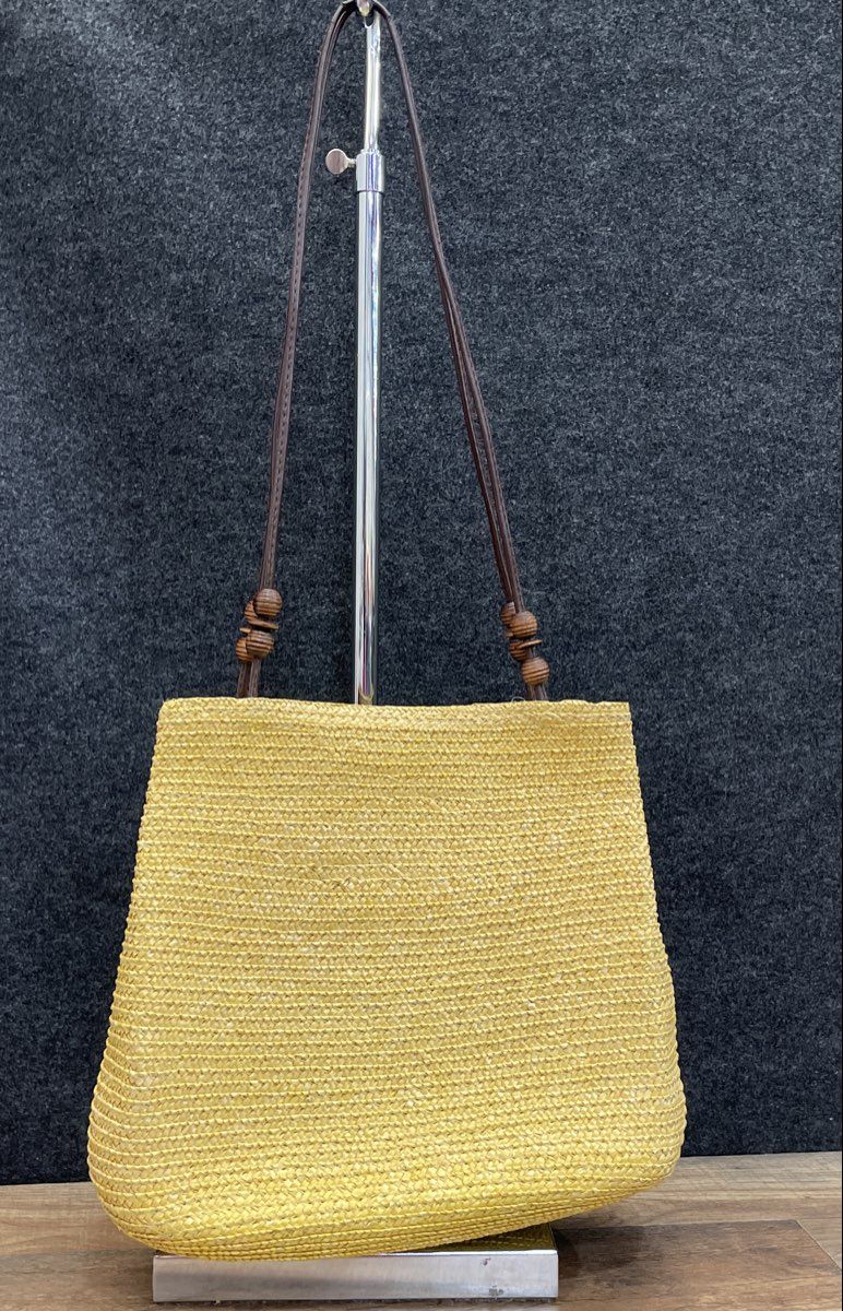 Unbranded Yellow 2000s Woven Straw Style Shoulder Bag Wooden Bead Tote