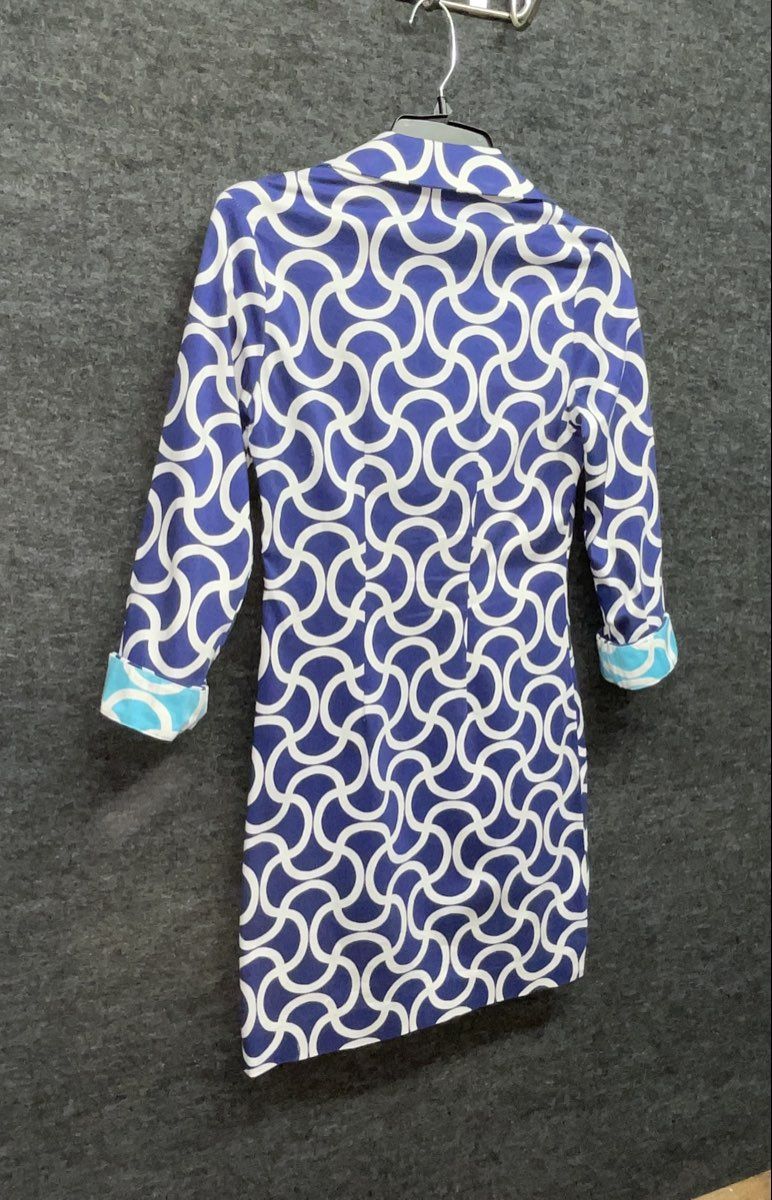 Melly M Women's Navy Blue White Geometric Link Shift Dress Sz 0 Made in USA