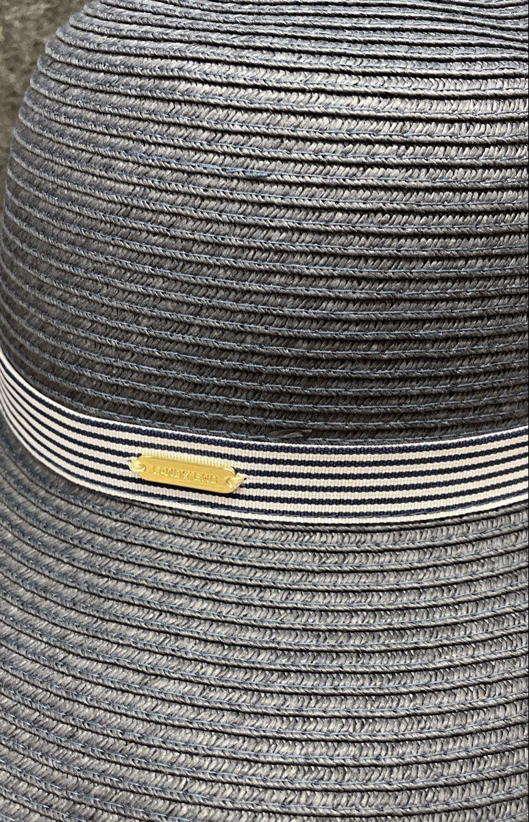Lands' End Women's Navy Blue Wide Brim Straw Hat Striped Band Sz S-M