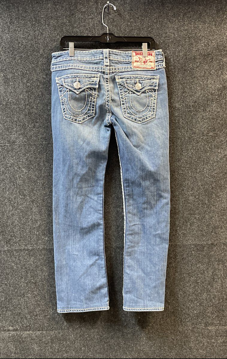 True Religion Women's Blue Billy Super T Jeans White Thick Stitch Sz 32