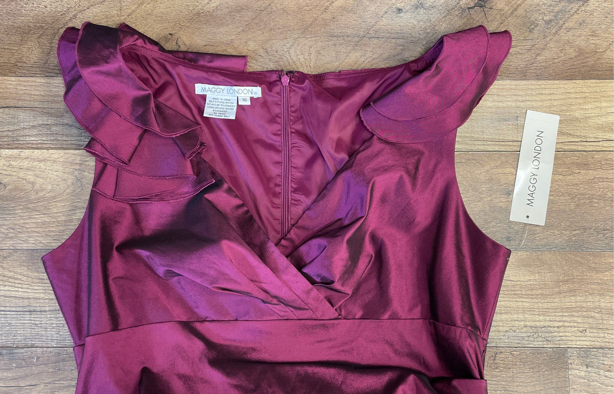 Maggy London Women's Purple Ruffled Metallic Sheen Ruched V-Neck Dress Sz 16 NWT