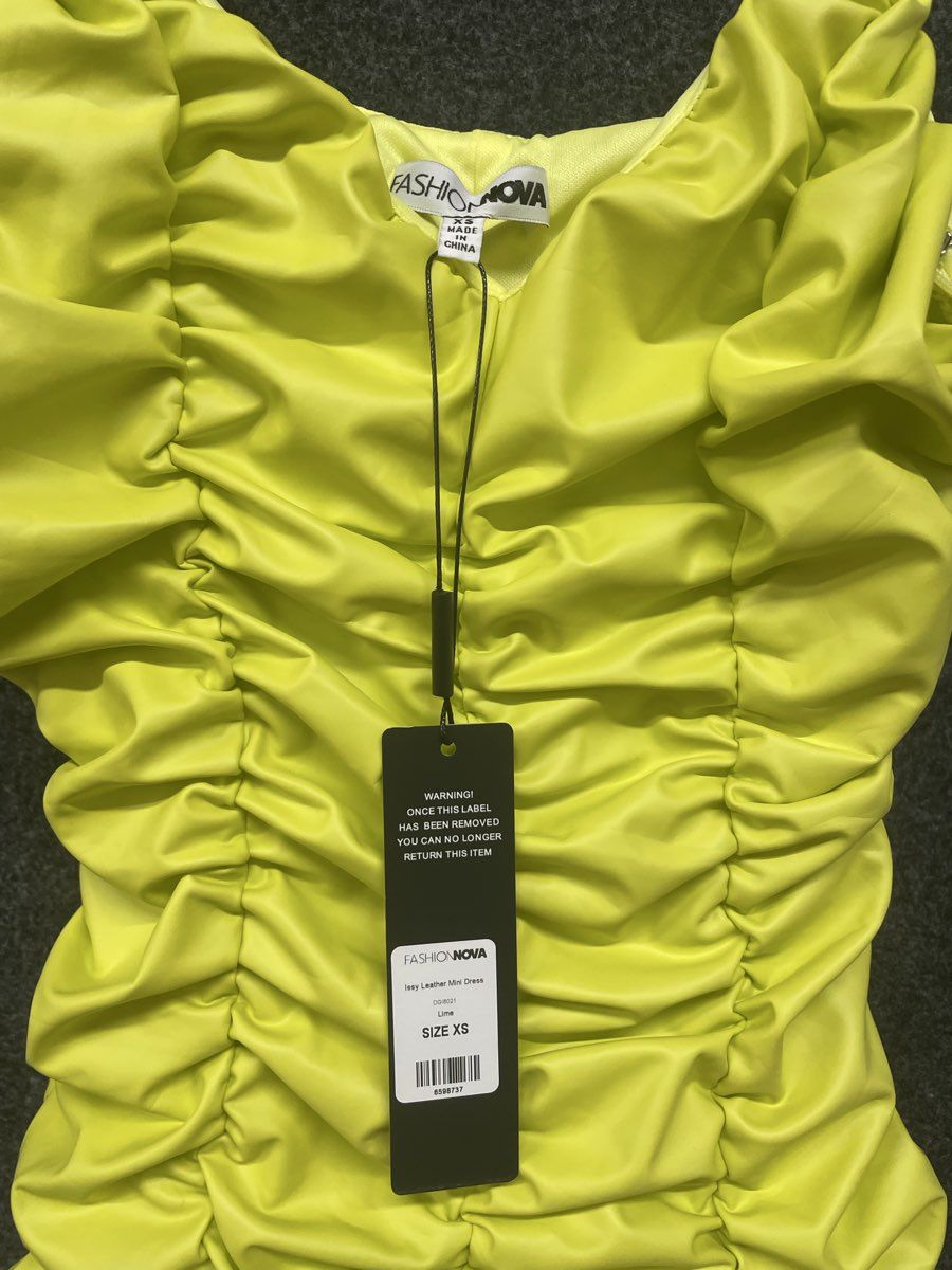 Fashion Nova Women's Lime Issy Faux Leather Ruched Mini Dress NWT Size XS