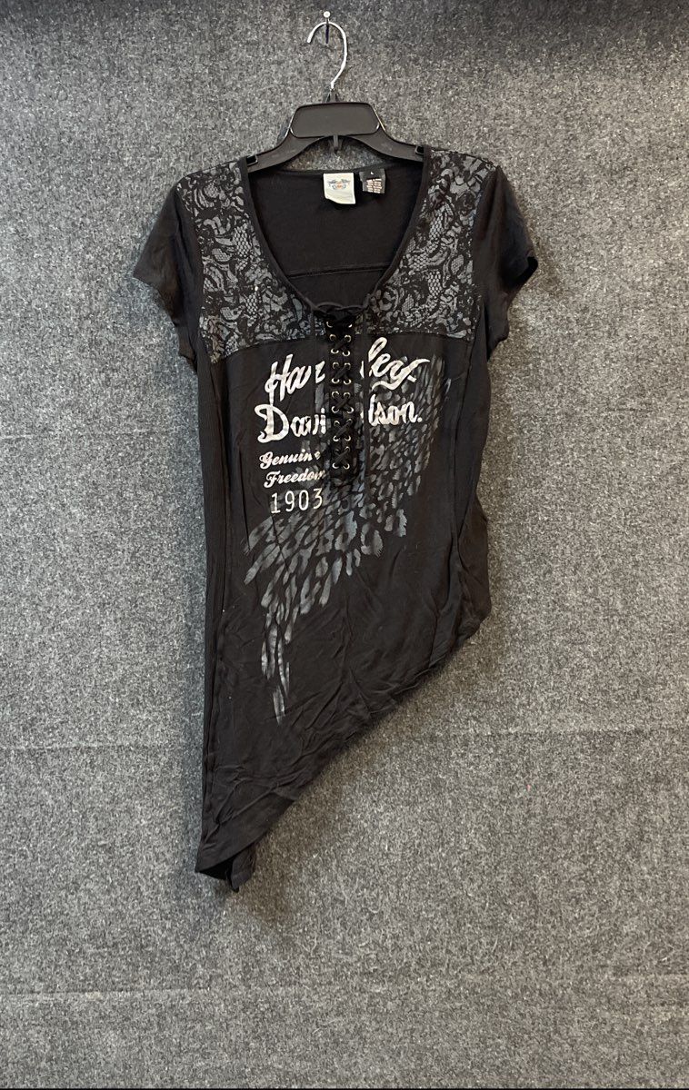 Harley Davidson Women's Asymmetric Hem Lace-Up Wing Graphic Shirt Top Size L