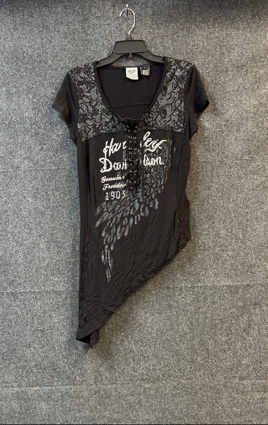 Harley Davidson Women's Asymmetric Hem Lace-Up Wing Graphic Shirt Top Size L