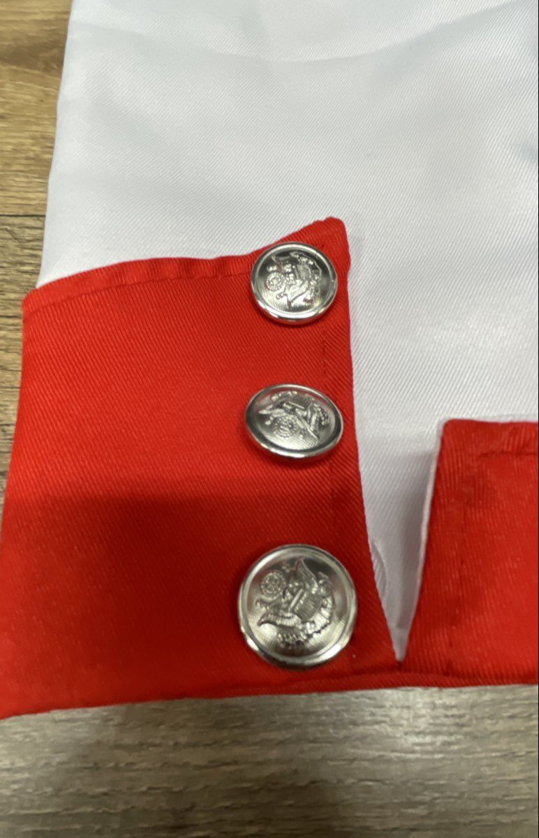 White Red Asymmetrical Zip Hooded Cosplay Tailcoat Jacket Silver Crest Buttons