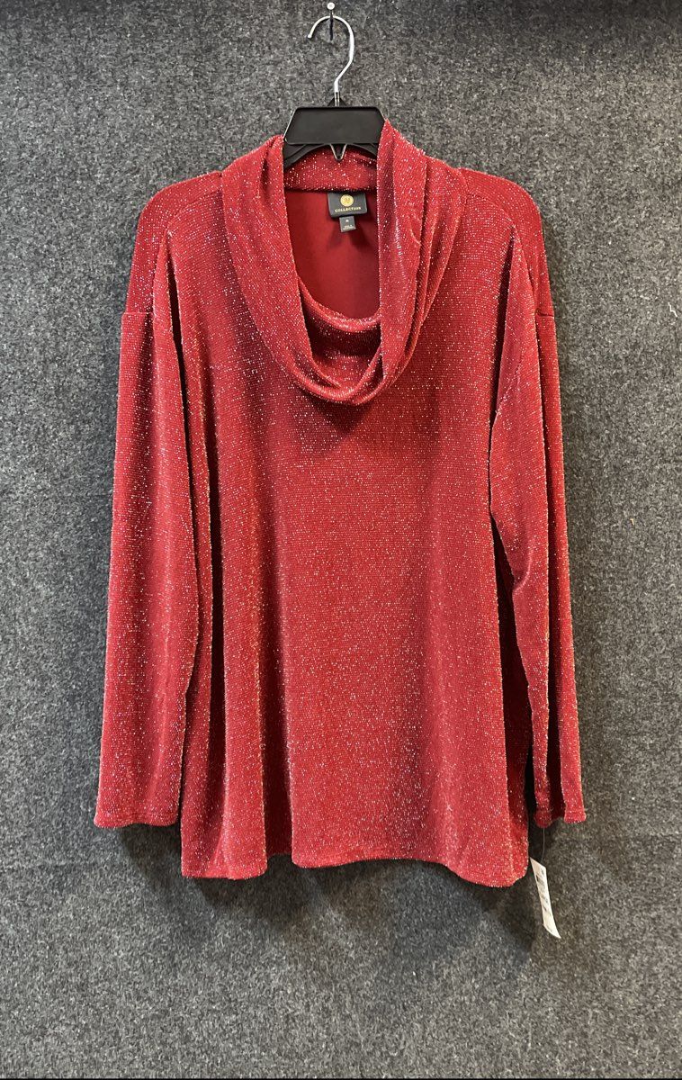 JM Collection Women's Red Winery Metallic Shimmer Cowl Neck Top Sz XL NWT