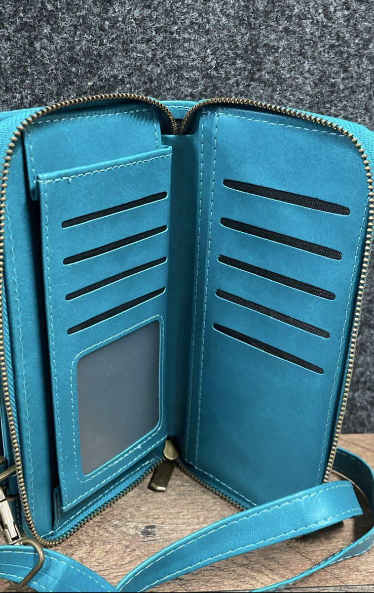 Megshi Crossbody Wallet Phone Case Teal Blue Vegan Leather Travel Organizer