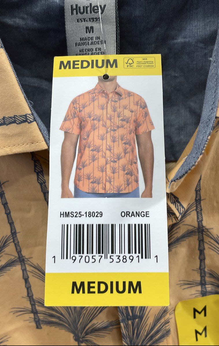Hurley Men's Orange Patio Shirt Flamingo Palm Tree Print Stretch NWT Size M