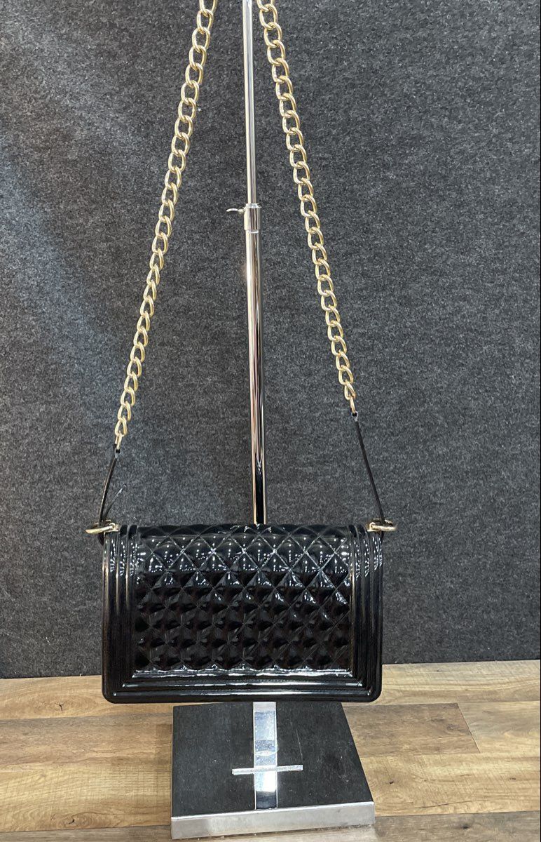 Black Quilted Jelly Handbag Gold Tone Chain Strap Shoulder Flap Bag