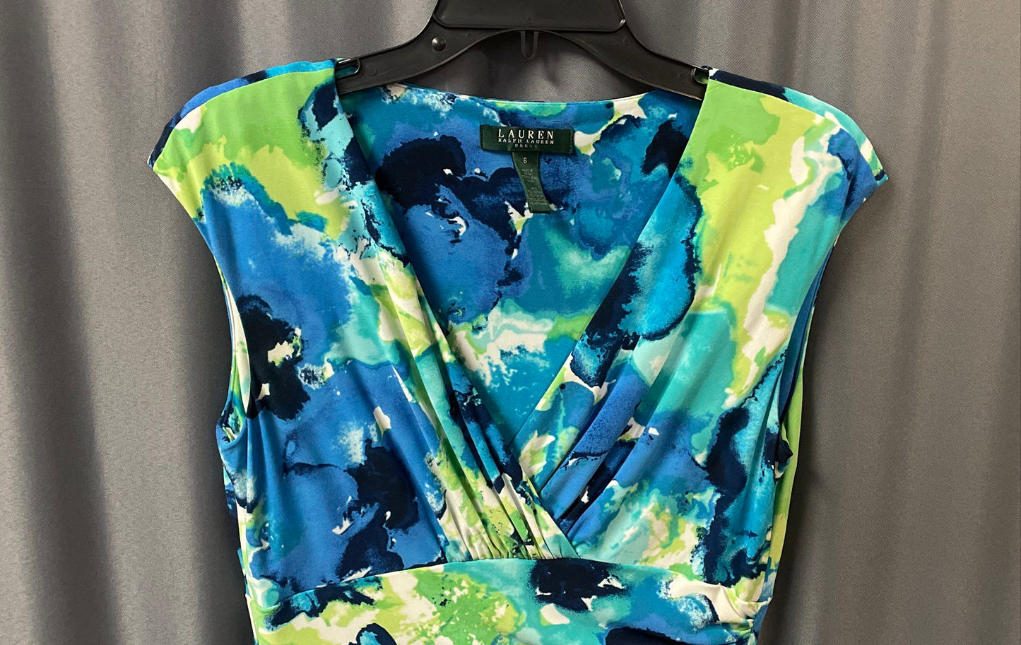 Lauren Ralph Lauren Blue Green Watercolor Floral Ruched Dress Sz 6