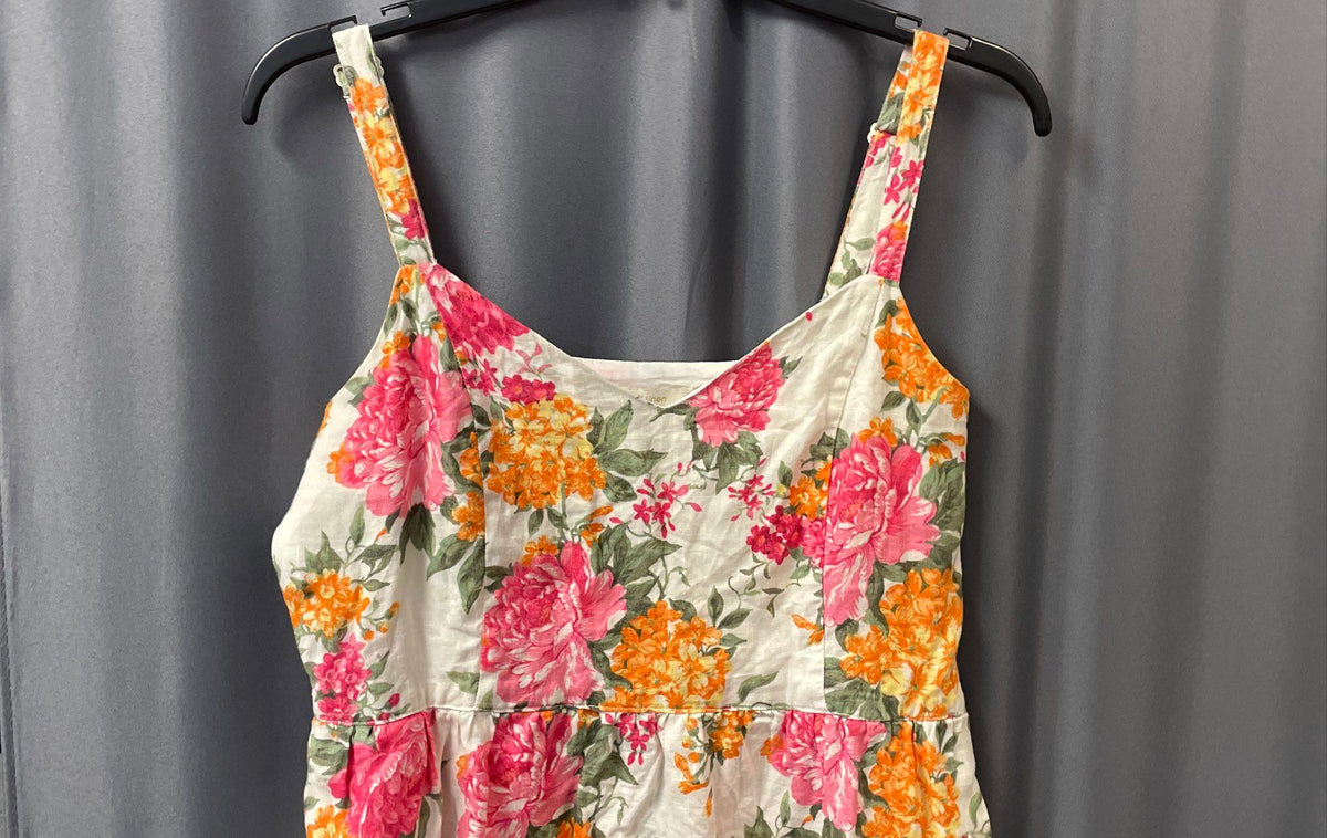 Cynthia Rowley Women's Floral Linen Dress Pockets Adjustable Straps Sz 8