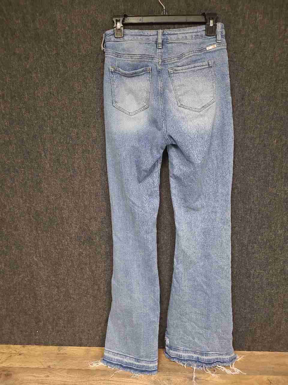Kancan Women's Light Wash High Rise Button Fly Flare Raw Hem Jeans Size 7/27