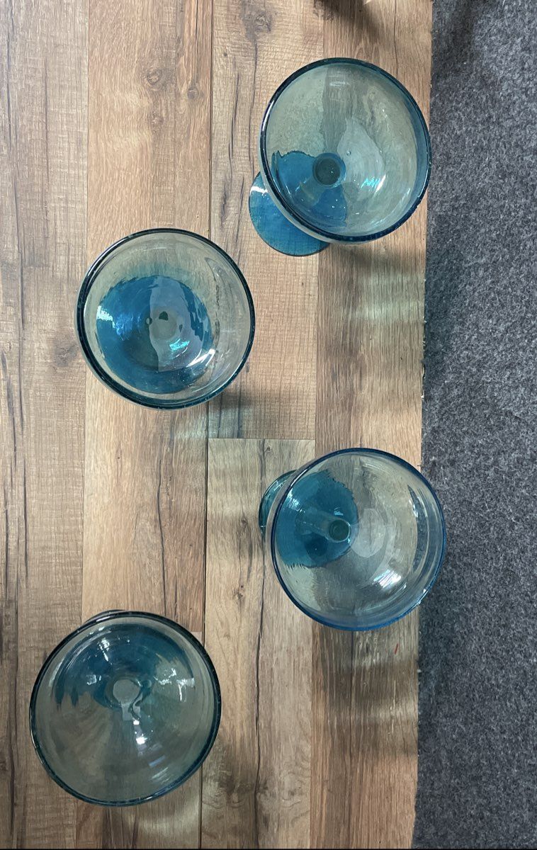 Hecho En Mexico Margarita Glasses Set of 4 Turquoise Blue Hand Blown Art Glass