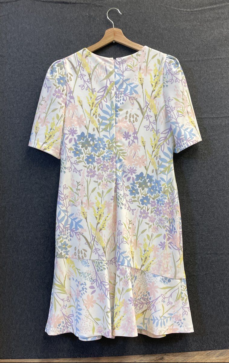 Calvin Klein Women's White Pastel Floral Puff Sleeve Ruffle Hem Dress Sz 12