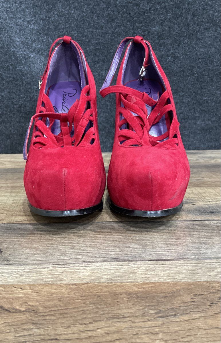 Privilege Red Faux Suede Platform Strappy Cage Stiletto Heels Women's Size 8.5