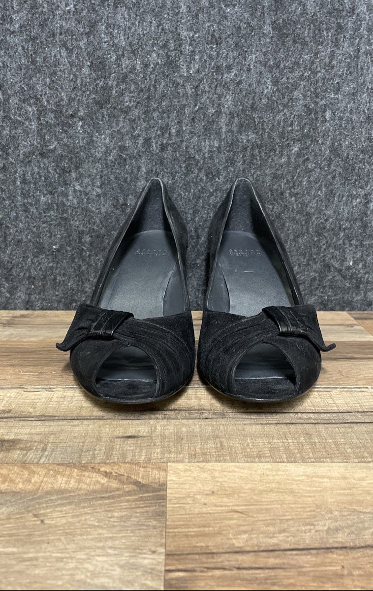Stuart Weitzman Black Suede Peep Toe Bow Kitten Heel Pumps Spain Size 9 N