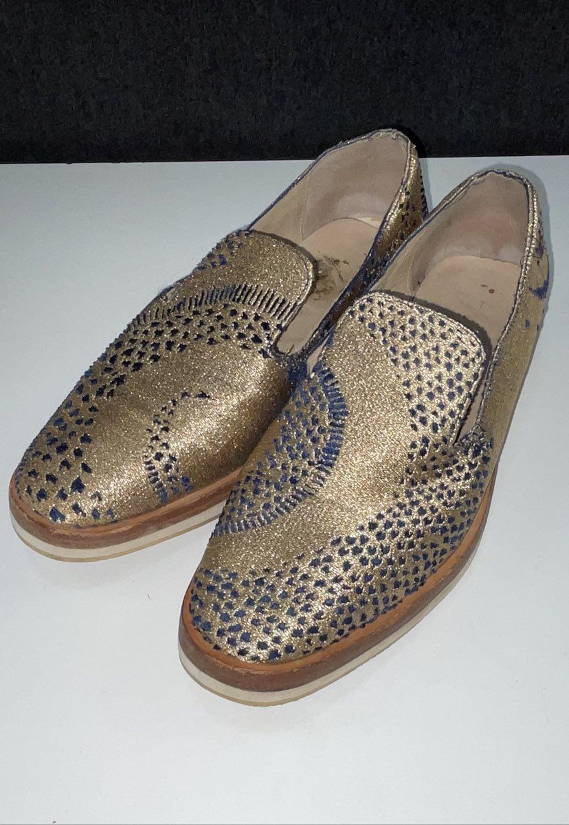 Free People At Once Gold Navy Embroidered Platform Loafer Women's