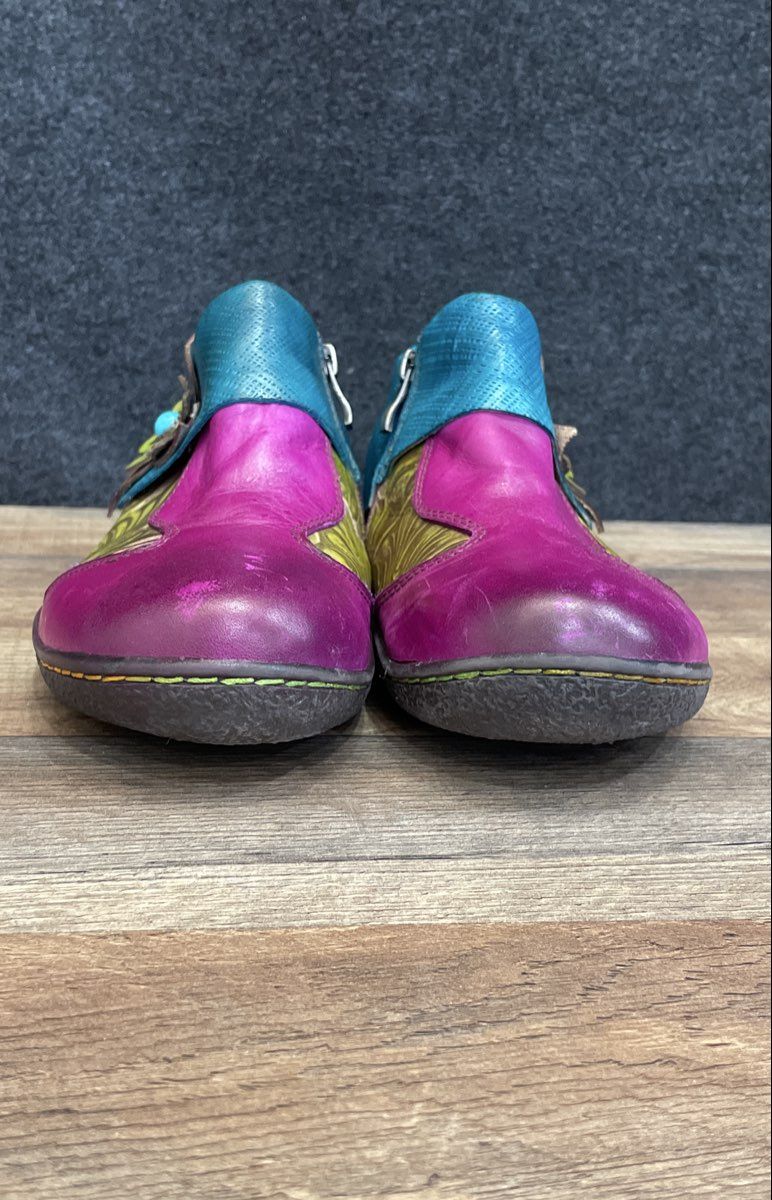 Socofy Multi-Color Floral Leather Ankle Boots Side Zip Flower Accents Size 41