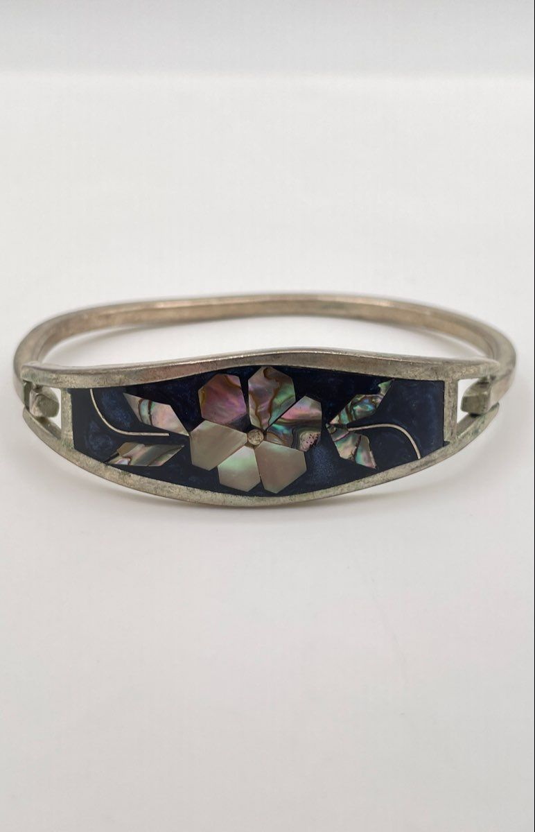 Alpaca Silver MOP Abalone Blue Resin Bangle Bracelet Mexico Marked 14.1g