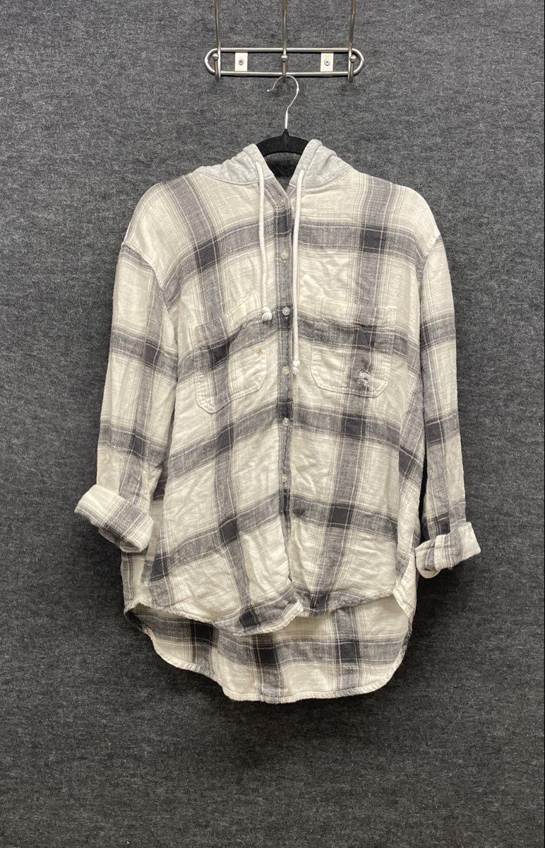 American Eagle Women's Hooded Plaid Flannel Shirt Gray White Distressed Sz L