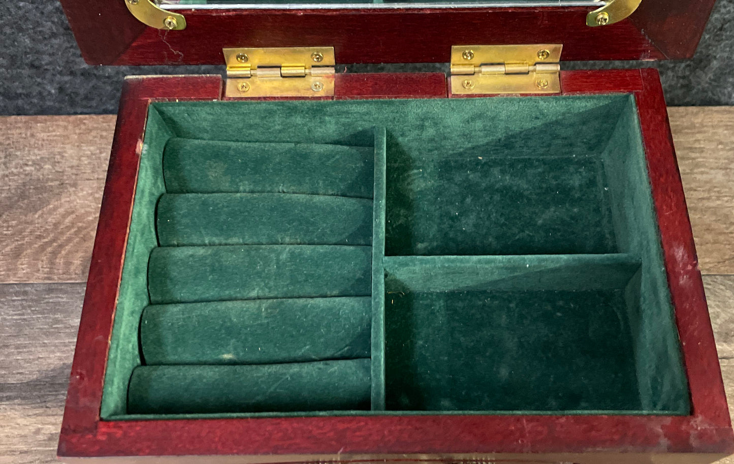 Vintage Wood Jewelry Box Tapestry Needlepoint Top Lid 2 Drawers Ring Holder