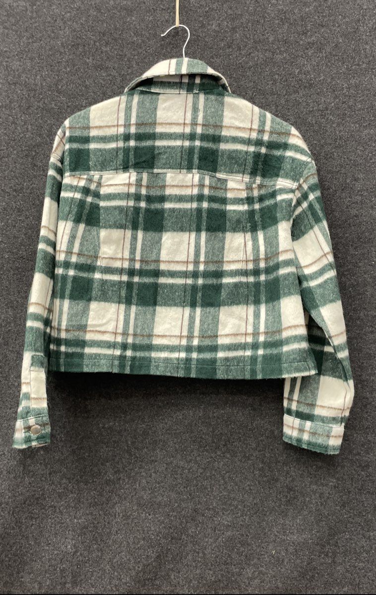 Zara Women's Green White Plaid Cropped Shacket Snap Button Flannel Jacket Sz S