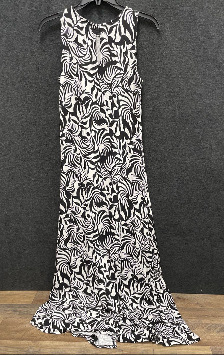 Loft Women's Black White Abstract Print Ruched Slit Maxi Dress Sz 10 NWT