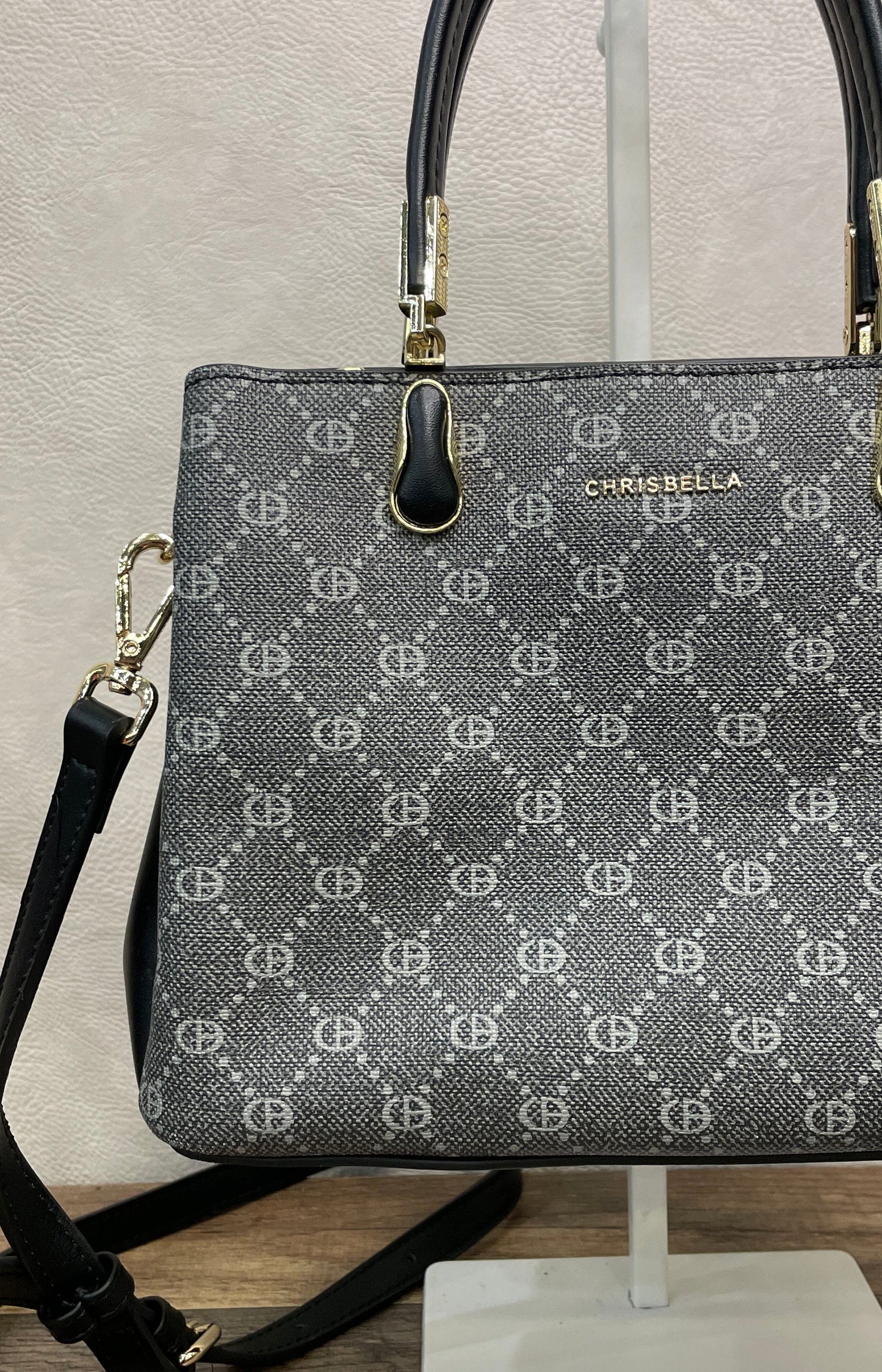 Chrisbella Gray Monogram Satchel Handbag Black Trim Gold Hardware Crossbody