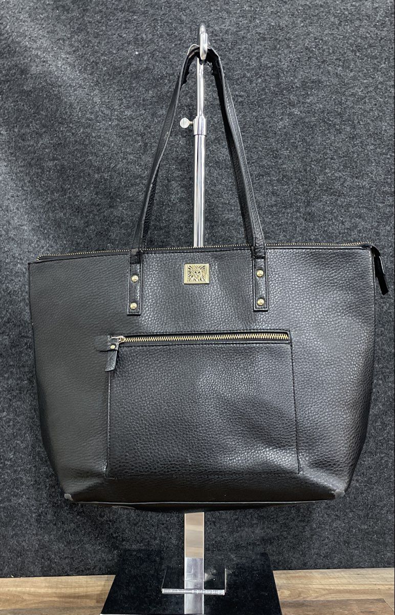 Anne Klein Black Pebbled Leather Large Zip Top Tote Bag Gold Hardware