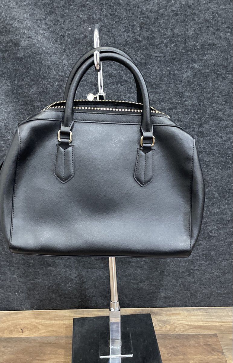 DKNY Black Saffiano Leather Dome Satchel Bag Silver Hardware Charm